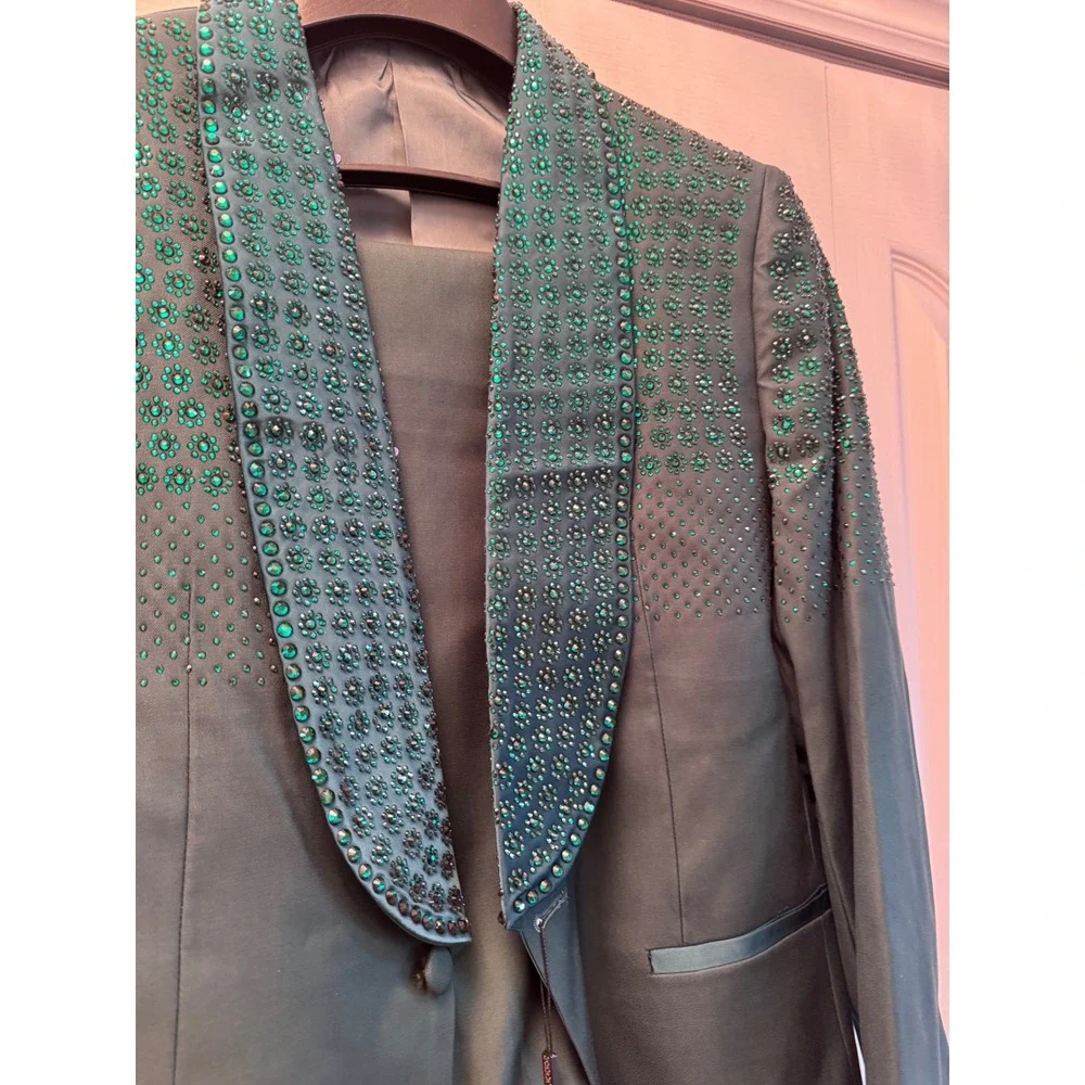 Ferrucci Mens Green Rhinestone Tuxedo Suit Set Jacket 40 Pants 34 wedding, dance